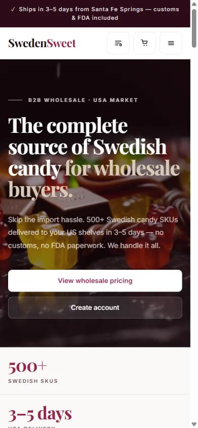 SwedenSweet, mobile homepage